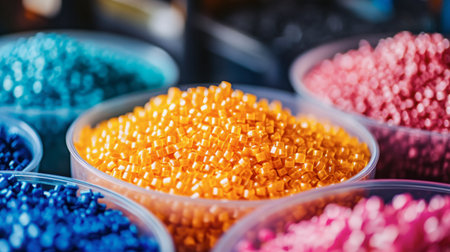 A close-up of plastic beads in vibrant colors, ready to be melted and molded into new products in a manufacturing process.の素材
