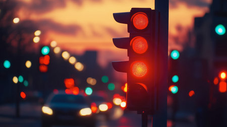 A close-up of traffic lights glowing red at a busy city intersection during the evening rush hour.の素材