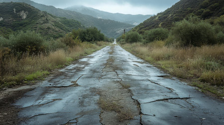 A cracked, old road leading to an abandoned ghost town, with weeds growing through the pavement.の素材
