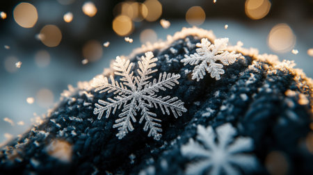 A close-up of snowflakes falling on a woolen glove, each flake intricate and unique against the soft fabric.の素材
