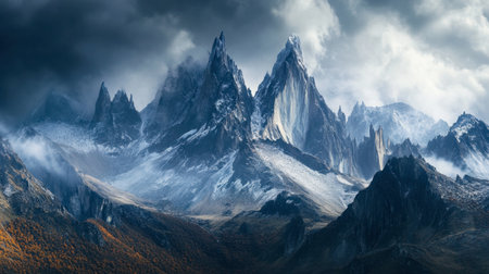 A dramatic mountain range with jagged peaks and rocky ridges, partially covered in snow with a stormy sky overhead.の素材