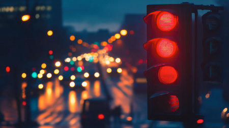 A close-up of traffic lights glowing red at a busy city intersection during the evening rush hour.の素材