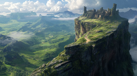 A dramatic mountain cliff with jagged rocks, overlooking a vast green valley below.の素材