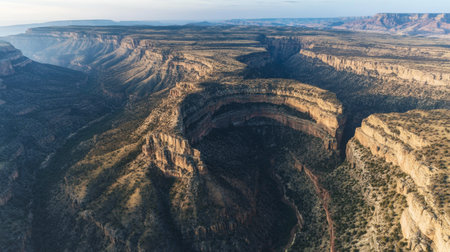 A dramatic aerial view of a rock plateau with deep canyons carved into the landscape.の素材