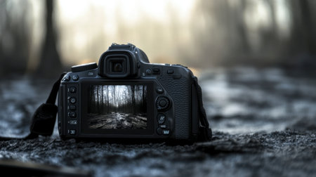 A digital camera displaying the last photo taken, with the scene it captured still in the background.の素材