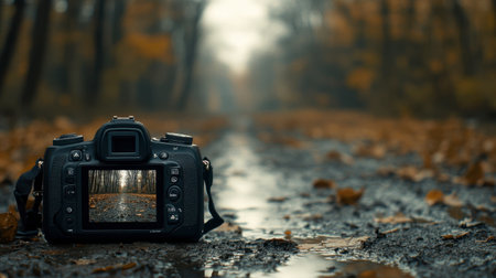 A digital camera displaying the last photo taken, with the scene it captured still in the background.の素材