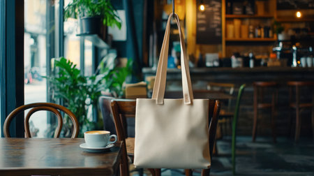 A fashionable tote bag hanging on a chair in a chic with a cup of coffee beside it.の素材