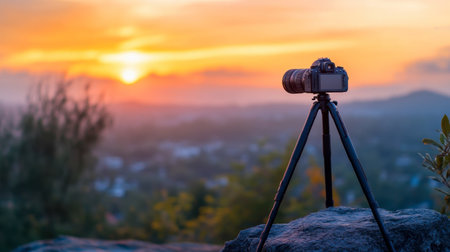 A DSLR camera on a tripod, set up in a scenic outdoor location during golden hour.の素材