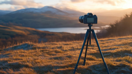 A DSLR camera on a tripod, set up in a scenic outdoor location during golden hour.の素材