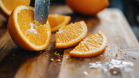 A fresh orange being sliced on a wooden cutting board, with the juicy segments and zest visible.の素材
