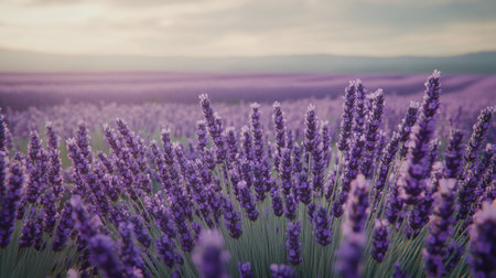 A field of lavender flowers stretching toward the horizon, with purple blooms swaying in the breeze.の素材
