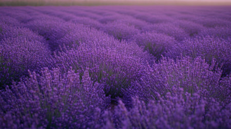 A field of lavender flowers stretching toward the horizon, with purple blooms swaying in the breeze.の素材