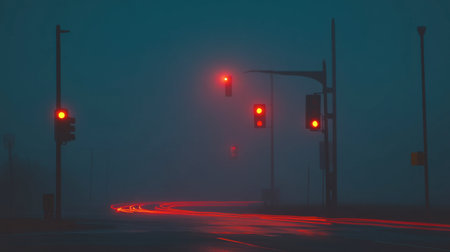 A foggy morning with traffic lights barely visible through the mist, creating an eerie, atmospheric scene.の素材