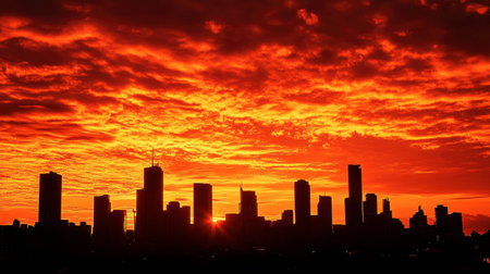 A dynamic orange sunset over a city skyline, with the buildings silhouetted against the fiery sky.の素材