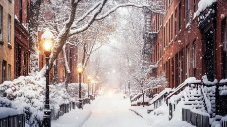 A fresh blanket of snow covering a city street, with lampposts and rooftops dusted in white, creating a quiet, peaceful scene.の素材