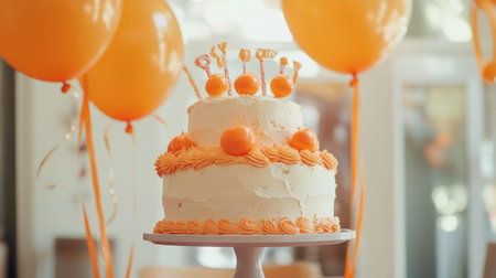 A fun, orange-themed birthday party with balloons, streamers, and a cake featuring a bold orange frosting.の素材