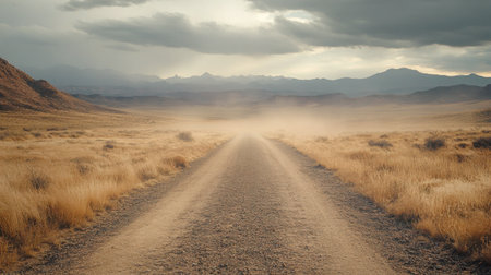 A gravel road in the middle of a wide-open desert, with tumbleweeds blowing across the path.の素材