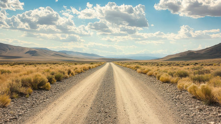 A gravel road in the middle of a wide-open desert, with tumbleweeds blowing across the path.の素材
