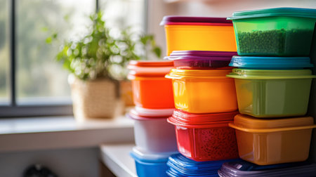 A group of colorful plastic containers stacked neatly on a kitchen shelf, showcasing their utility in organizing and storing food.の素材