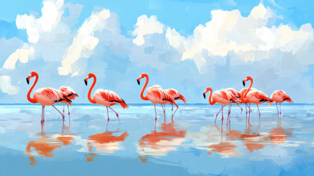 A group of flamingos wading in a shallow lagoon, with the water reflecting their pink feathers against a backdrop of blue sky.の素材