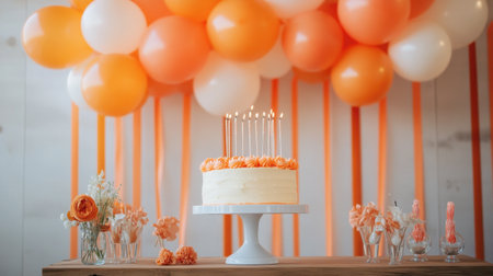 A fun, orange-themed birthday party with balloons, streamers, and a cake featuring a bold orange frosting.の素材