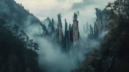 A group of rock formations emerging from a misty valley, creating a mysterious and atmospheric scene.の素材
