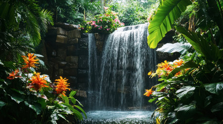 A hidden waterfall in a tropical jungle, surrounded by vibrant green foliage and exotic flowers.の素材