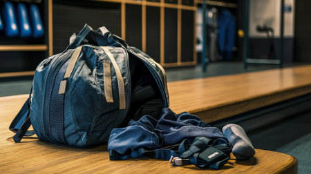 A gym bag open on a locker room bench, with workout gear spilling out.の素材