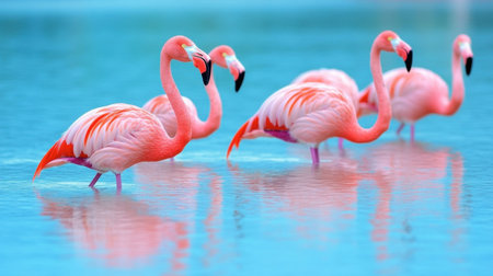 A group of flamingos wading in a shallow lagoon, with the water reflecting their pink feathers against a backdrop of blue sky.の素材