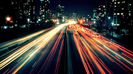 A highway at night, with streaks of headlights and taillights from passing cars.の素材