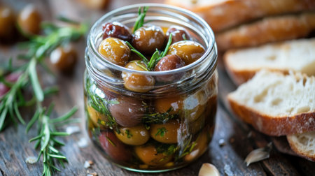 A jar of marinated olives, with herbs and garlic cloves visible, sitting on a rustic table alongside bread.の素材
