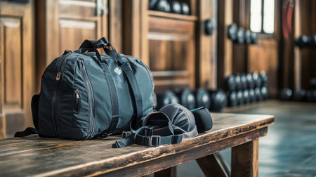 A gym bag open on a locker room bench, with workout gear spilling out.の素材