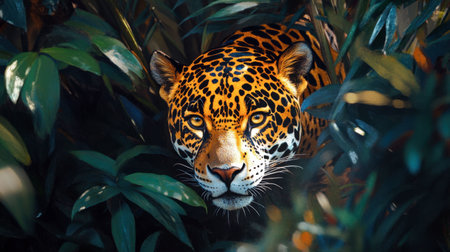 A jaguar hidden in the dense jungle foliage, blending in with the shadows and dappled sunlight.の素材