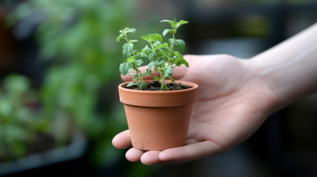 A hand gently holding a small terracotta pot, with fresh herbs growing inside, ready to be placed in a kitchen garden.の素材