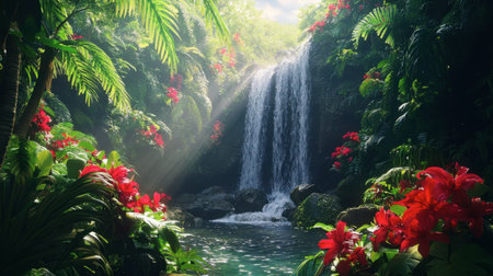 A hidden waterfall in a tropical jungle, surrounded by vibrant green foliage and exotic flowers.の素材