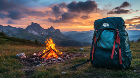 A hiker rucksack placed on the ground next to a campfire, with mountains in the distance.の素材