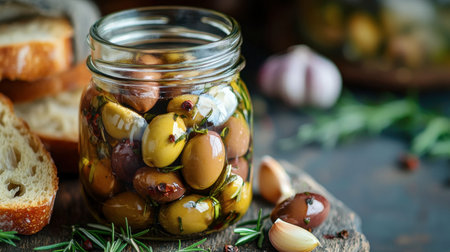 A jar of marinated olives, with herbs and garlic cloves visible, sitting on a rustic table alongside bread.の素材