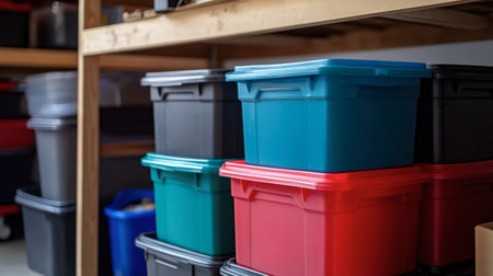 A group of plastic storage bins organized in a garage, showing their role in keeping spaces tidy and clutter-free.の素材