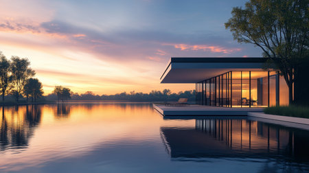 A modern, minimalist house with large glass windows overlooking a serene lake at sunset.の素材