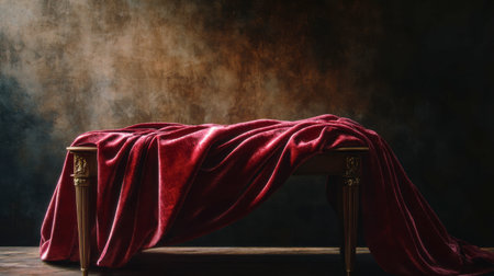 A piece of velvet cloth draped elegantly over a table, catching the light to reveal its rich, deep color and luxurious texture.の素材