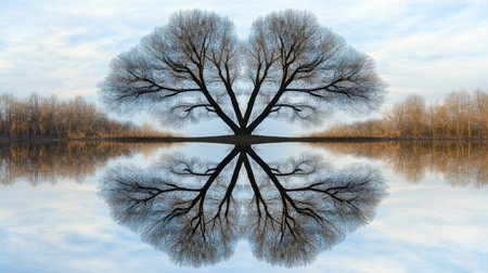 A tree reflected in a still lake, with the mirror image creating a perfect symmetry.の素材