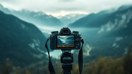 A close-up of a camera viewfinder showing a perfectly composed shot of a scenic mountain range.の素材