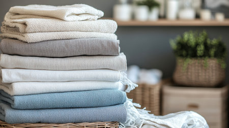 A stack of freshly laundered, neatly folded cloths, including towels and linens, arranged in a laundry room setting.の素材