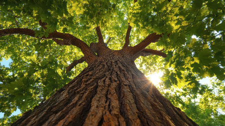 A tree canopy shot from below, with the sky visible through the leaves.の素材