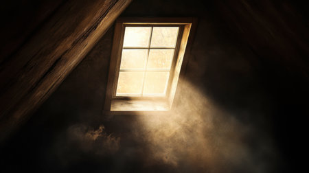 A light beam shining through a dusty attic window, creating a mystical atmosphere.の素材