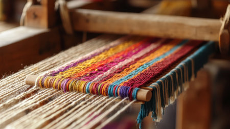 A traditional loom with colorful threads being woven into cloth, capturing the essence of artisanal craftsmanship.の素材