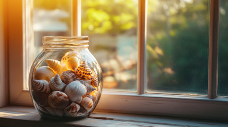 A vintage glass jar filled with seashells, sitting on a windowsill with sunlight streaming through.の素材