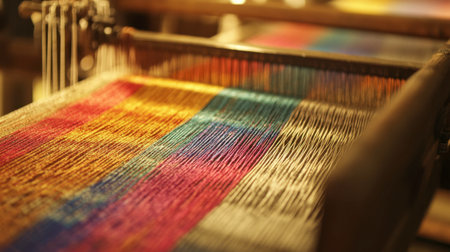 A traditional loom with colorful threads being woven into cloth, capturing the essence of artisanal craftsmanship.の素材