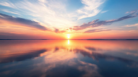 A beautiful sunrise sky over a calm lake, with the first light of day reflecting on the water's surface.の素材