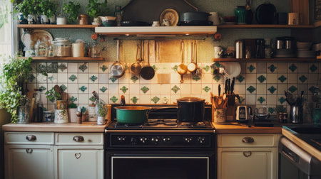 A beautifully arranged kitchen with a vintage-style stove, adorned with decorative pots and pans, creating a homely atmosphere.の素材